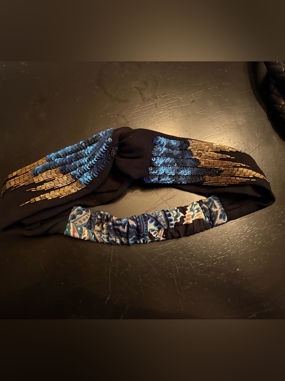 New Orleans Beaded Black and Blue Knot Headband with Patterned Elastic Back